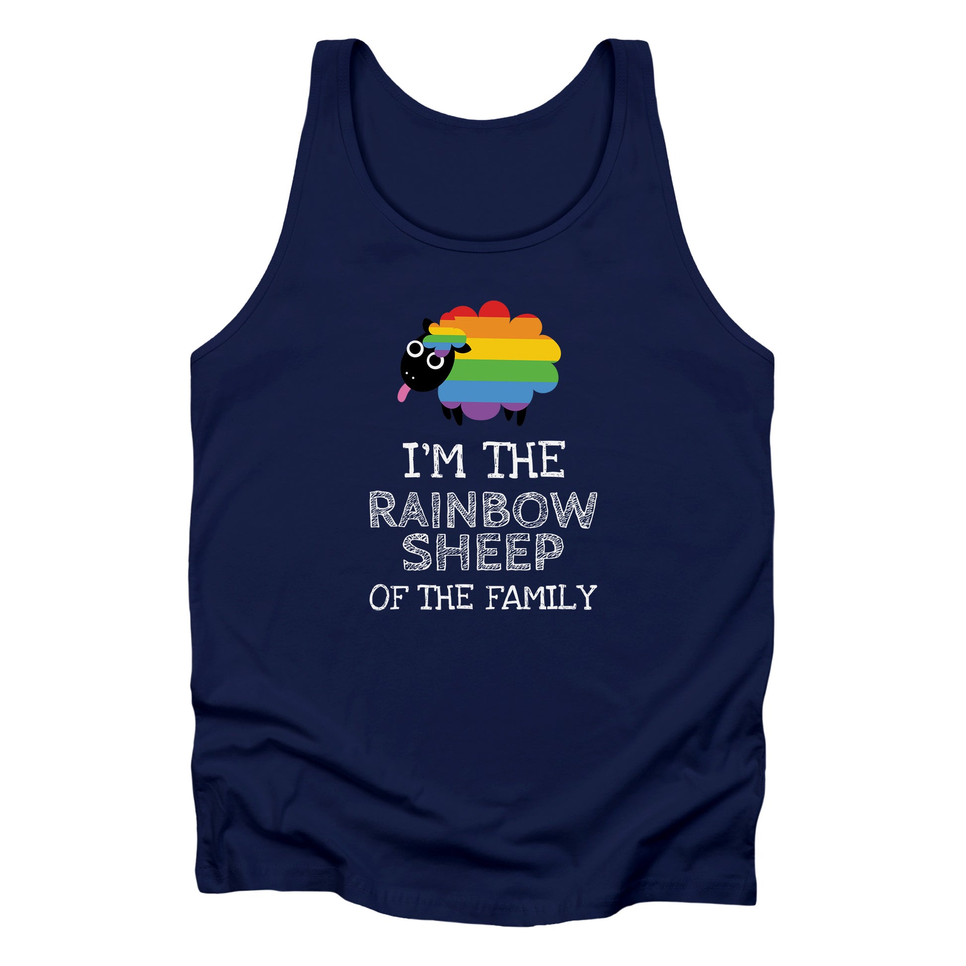 Navy Blue unisex tank top that says, “I’m the rainbow sheep of the family” with a graphic of a rainbow-colored sheep above it.