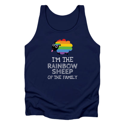 Navy Blue unisex tank top that says, “I’m the rainbow sheep of the family” with a graphic of a rainbow-colored sheep above it.