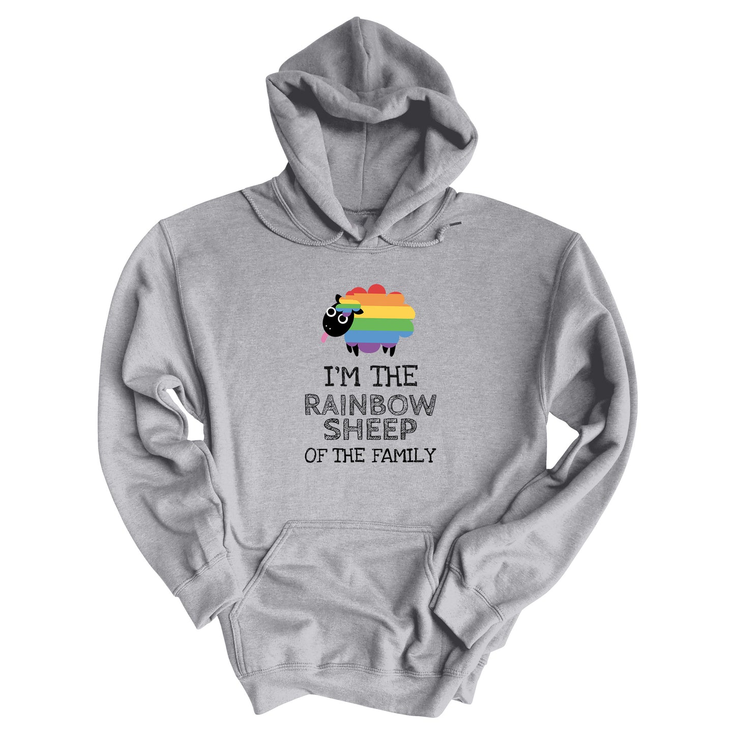 Sport Grey color hoodie that says, “I’m the rainbow sheep of the family” with a graphic of a rainbow-colored sheep above it.
