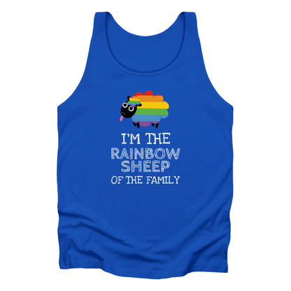 True Royal color unisex tank top that says, “I’m the rainbow sheep of the family” with a graphic of a rainbow-colored sheep above it.