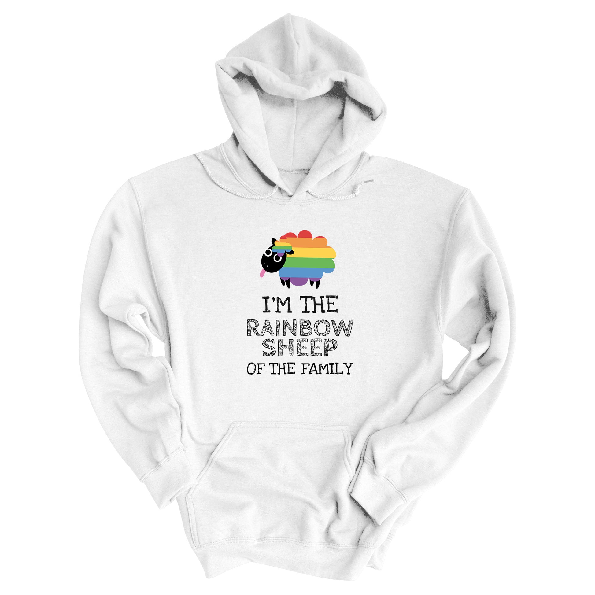 White hoodie that says, “I’m the rainbow sheep of the family” with a graphic of a rainbow-colored sheep above it.