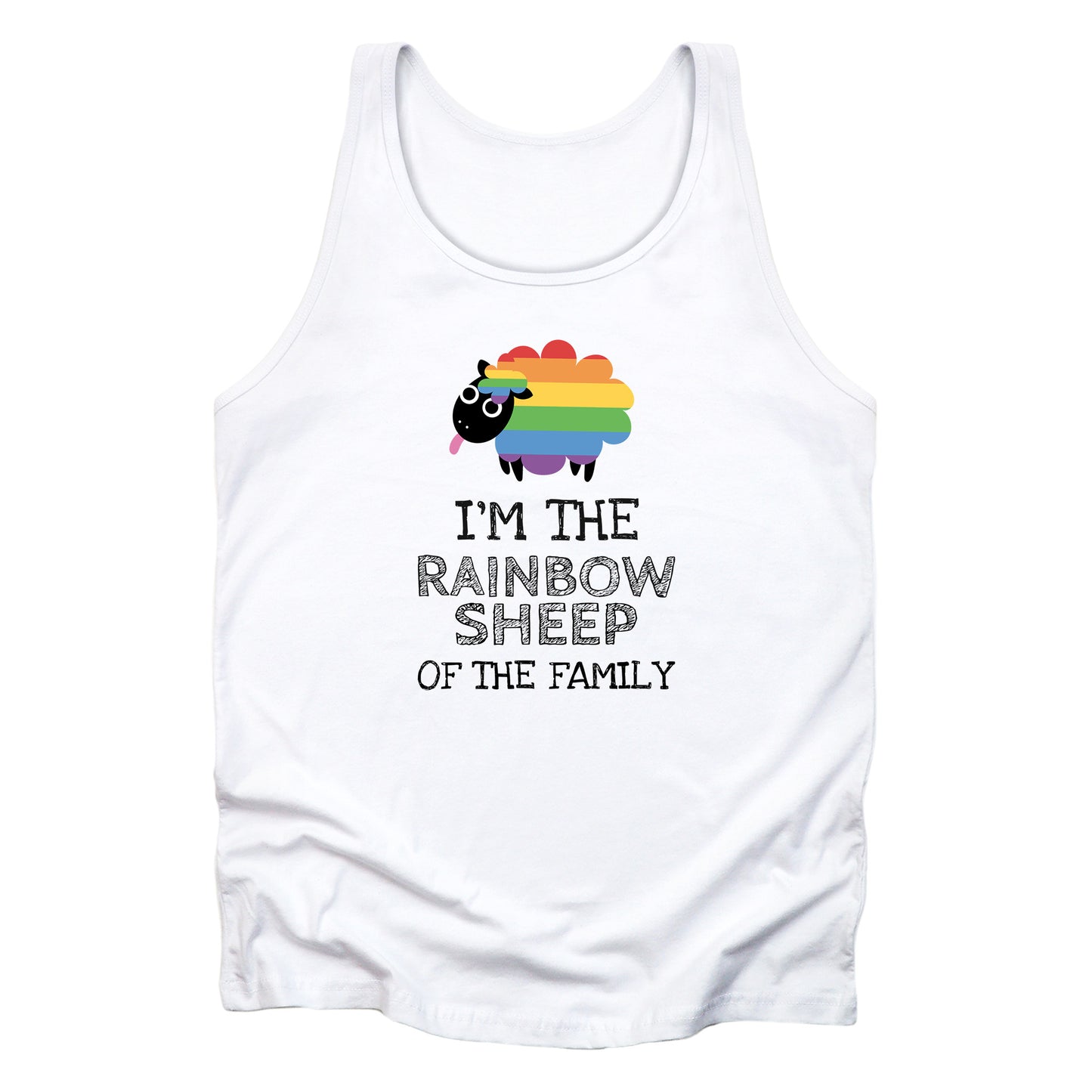 White unisex tank top that says, “I’m the rainbow sheep of the family” with a graphic of a rainbow-colored sheep above it.