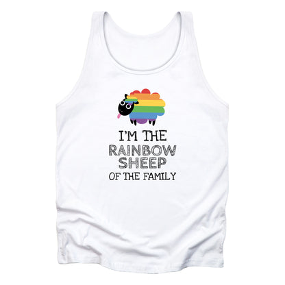 White unisex tank top that says, “I’m the rainbow sheep of the family” with a graphic of a rainbow-colored sheep above it.