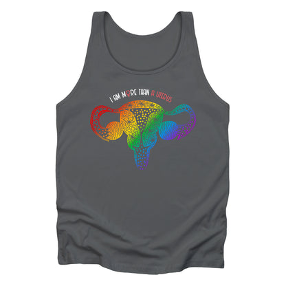 Asphalt color unisex tank top that says “I am more than a uterus” arched over a graphic of a uterus drawn with swirls and polka dots in a rainbow gradient color. The word “uterus” is red, and the “o” in the word “more” is the symbol for female in the color red.