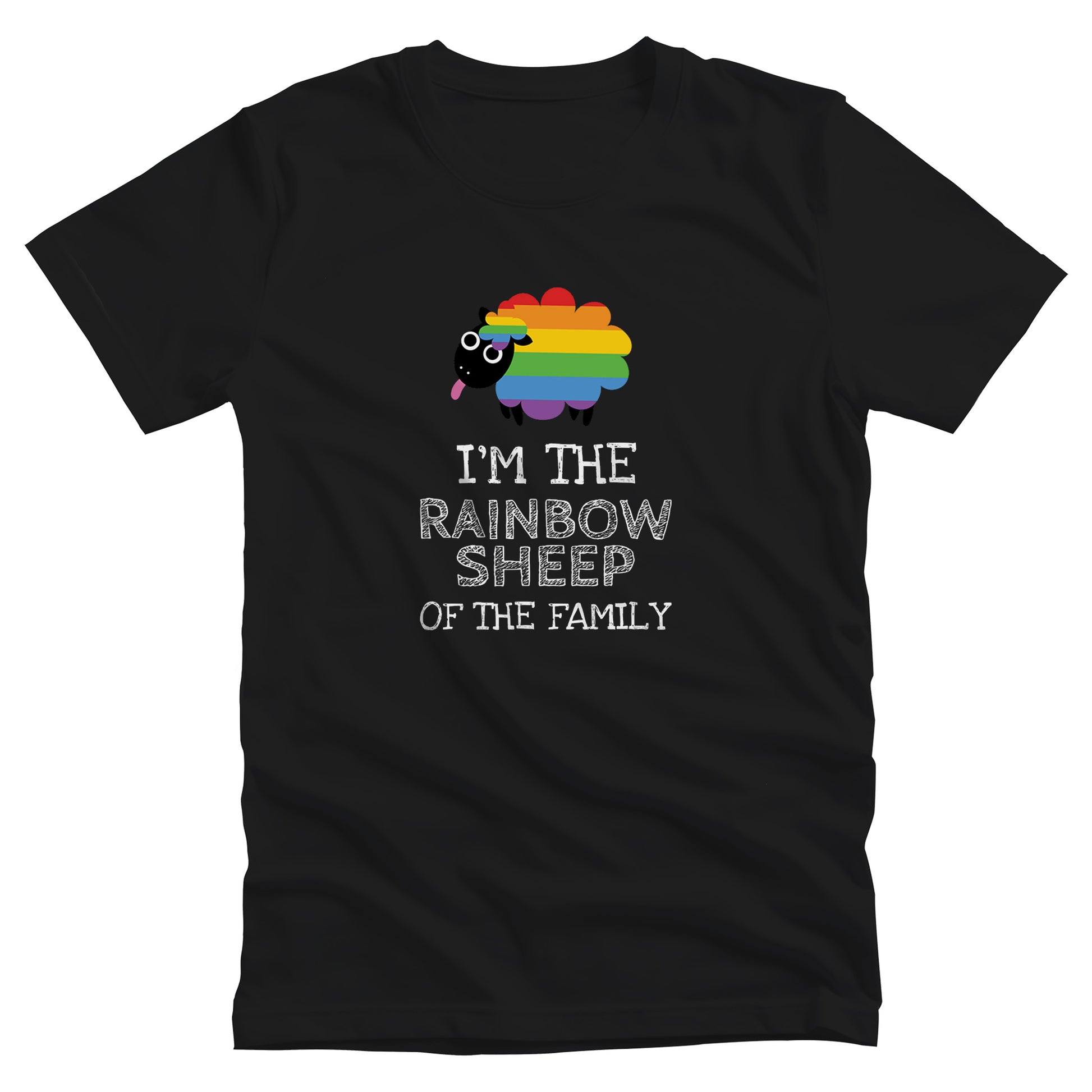 Black unisex t-shirt that says, “I’m the rainbow sheep of the family” with a graphic of a rainbow-colored sheep above it.