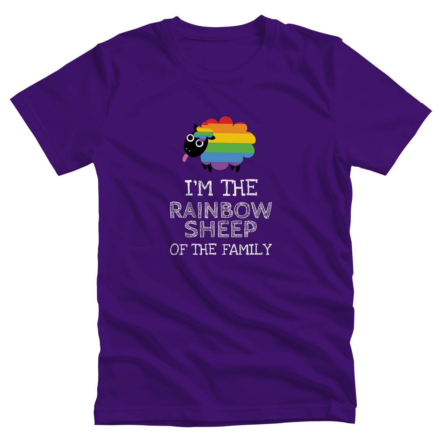 Team Purple color unisex t-shirt that says, “I’m the rainbow sheep of the family” with a graphic of a rainbow-colored sheep above it.