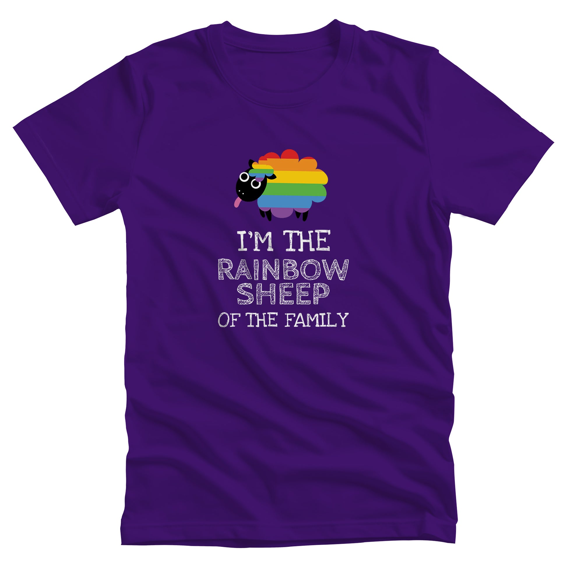 Team Purple color unisex t-shirt that says, “I’m the rainbow sheep of the family” with a graphic of a rainbow-colored sheep above it.