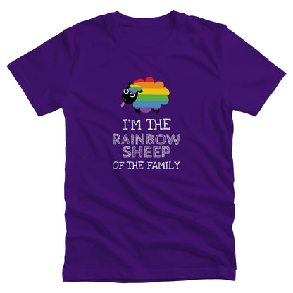 Team Purple color unisex t-shirt that says, “I’m the rainbow sheep of the family” with a graphic of a rainbow-colored sheep above it.