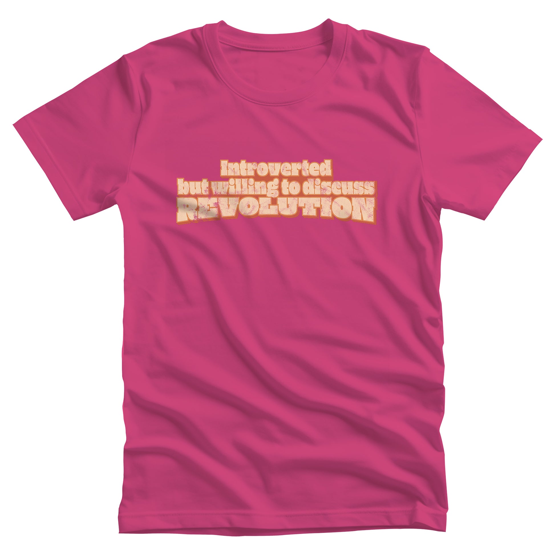 Berry color unisex t-shirt that says “Introverted but willing to discuss revolution.” The text is retro-inspired and has a distressed look.