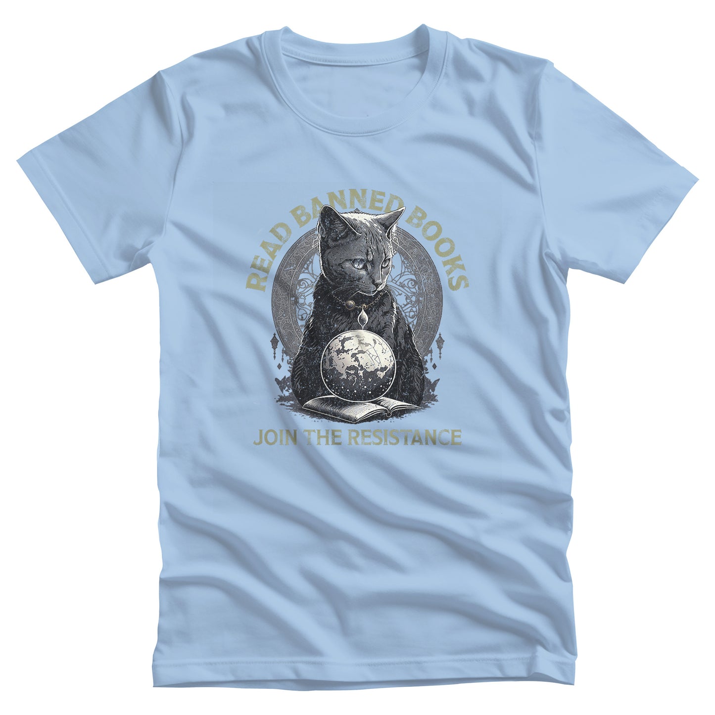 Baby Blue color unisex t-shirt with a graphic of a cat sitting over a globe and an open book. The text says “Read banned books” arched over the top of the cat and “Join the resistance” in a line under the graphic. The text is in all caps.