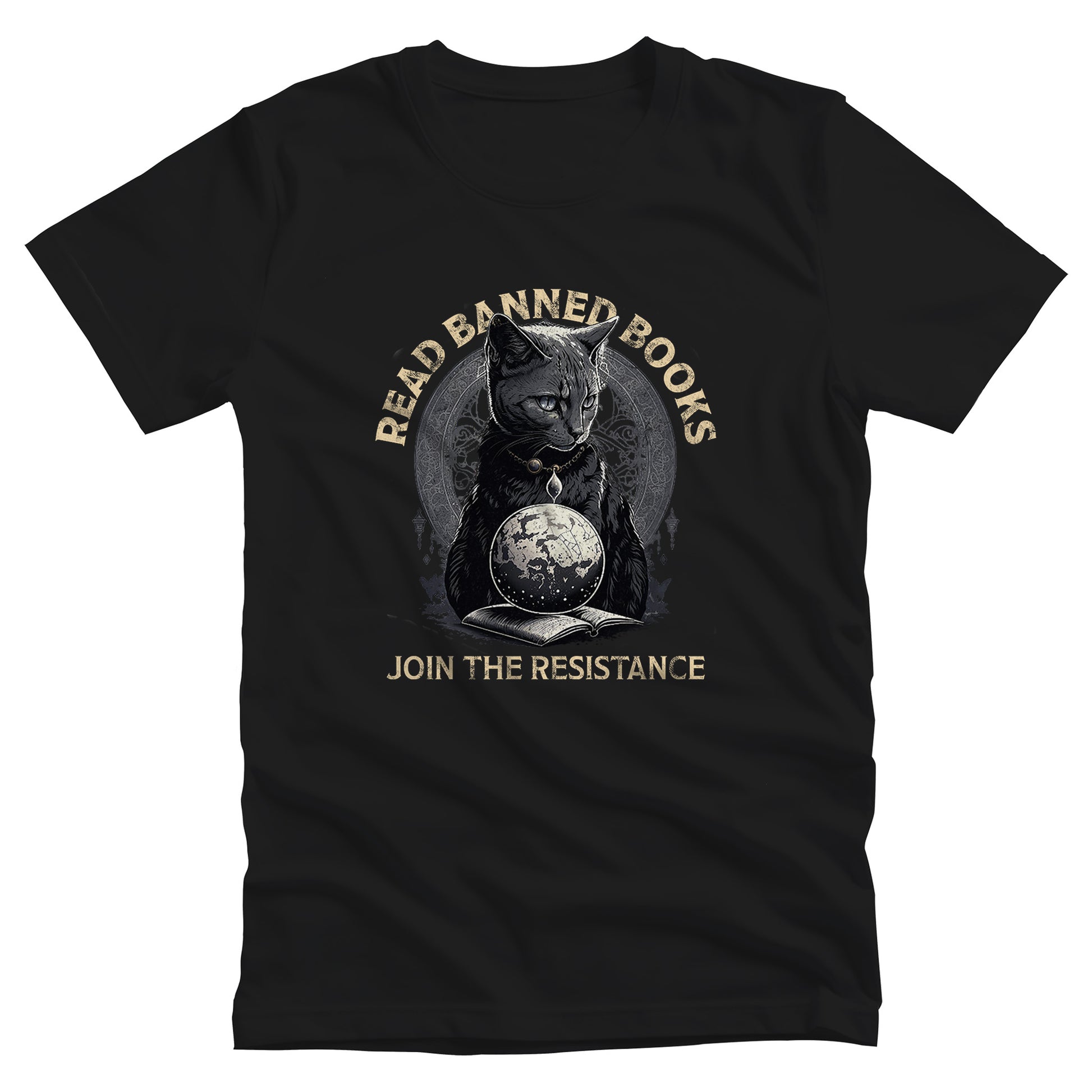 Black unisex t-shirt with a graphic of a cat sitting over a globe and an open book. The text says “Read banned books” arched over the top of the cat and “Join the resistance” in a line under the graphic. The text is in all caps.