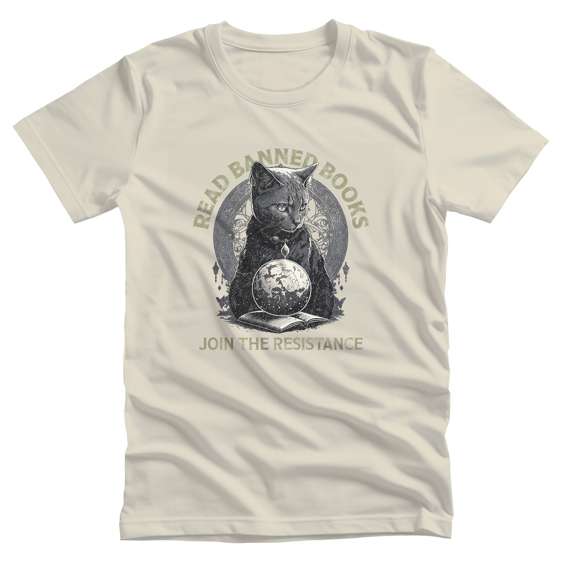 Natural color unisex t-shirt with a graphic of a cat sitting over a globe and an open book. The text says “Read banned books” arched over the top of the cat and “Join the resistance” in a line under the graphic. The text is in all caps.