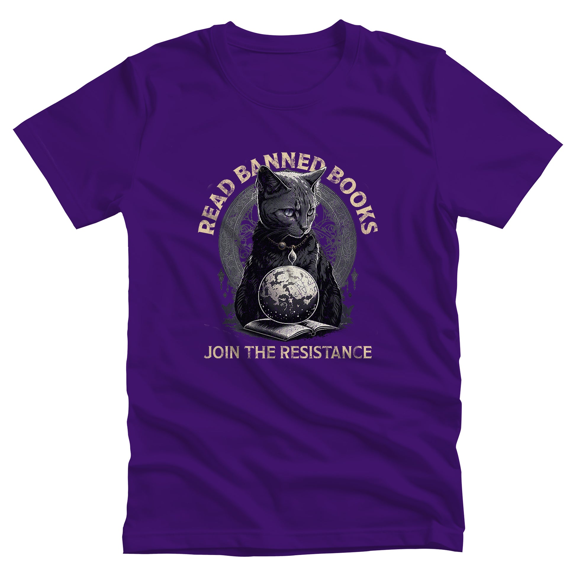 Team Purple color unisex t-shirt with a graphic of a cat sitting over a globe and an open book. The text says “Read banned books” arched over the top of the cat and “Join the resistance” in a line under the graphic. The text is in all caps.