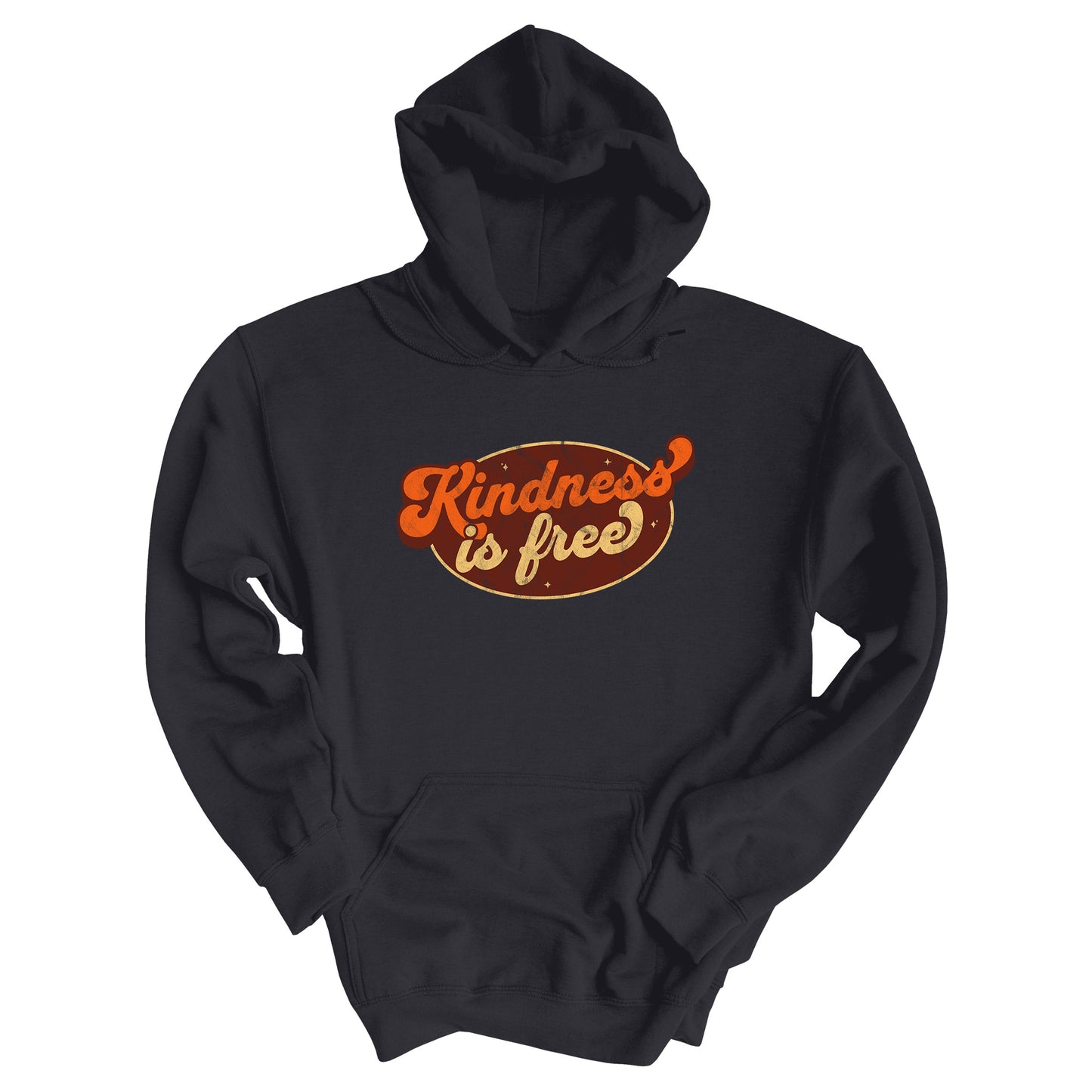 Charcoal color unisex hoodie with a retro graphic that says “Kindness is free.” The text is in a script font with a brown oval behind it. The “k” and the “s” in the word “Kindness” are not contained inside the oval. The graphic is also distressed to add to the retro feel.