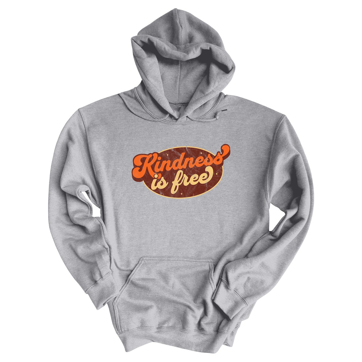 Sport Grey color unisex hoodie with a retro graphic that says “Kindness is free.” The text is in a script font with a brown oval behind it. The “k” and the “s” in the word “Kindness” are not contained inside the oval. The graphic is also distressed to add to the retro feel.