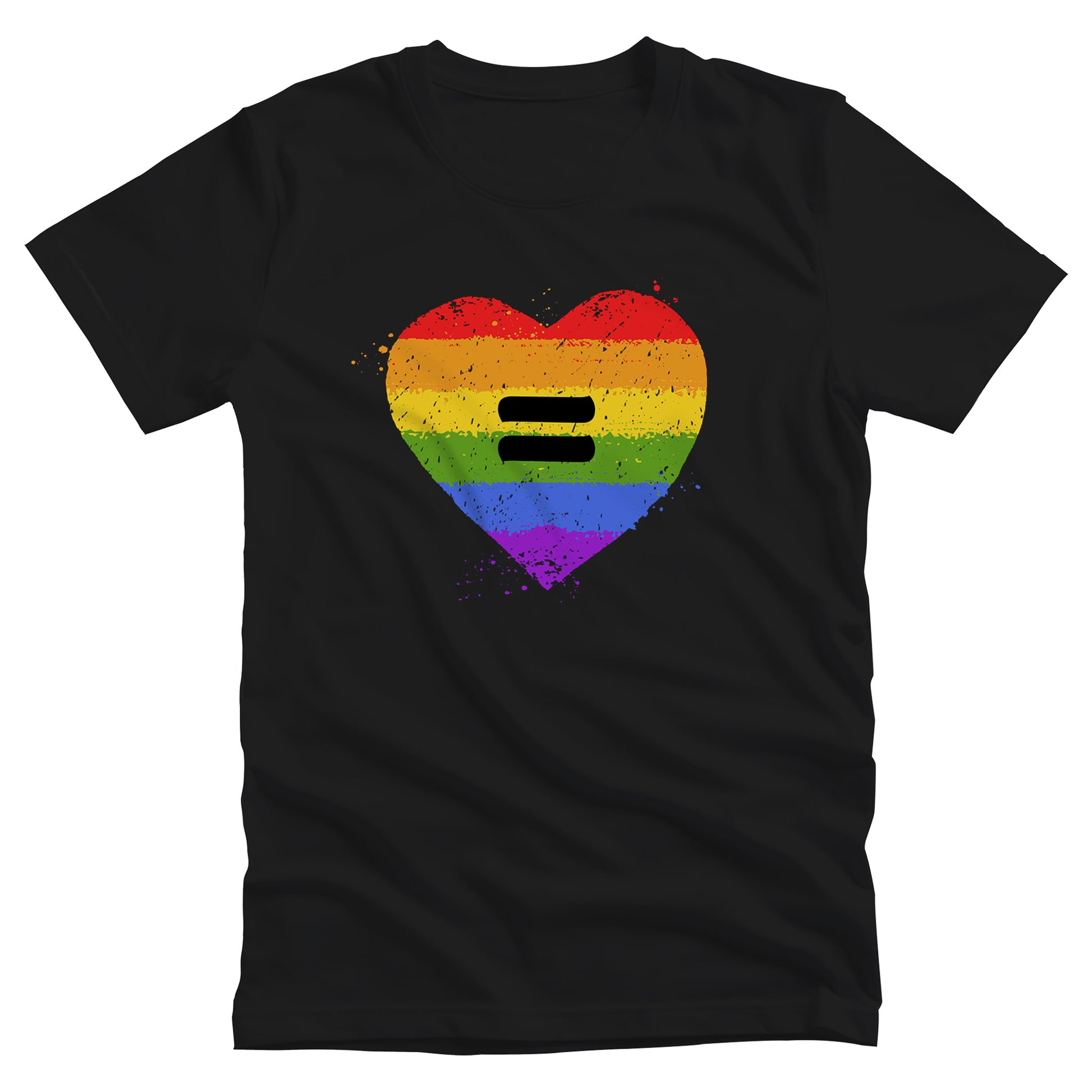 Black color unisex t-shirt with a graphic of a rainbow heart with a black equal sight in the middle. The heart has small rainbow-color pain splatters around it.