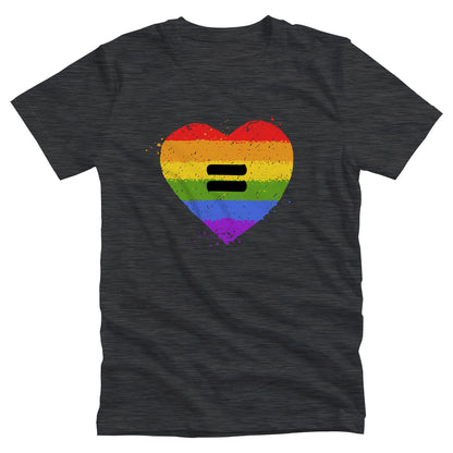 Dark Grey Heather color unisex t-shirt with a graphic of a rainbow heart with a black equal sight in the middle. The heart has small rainbow-color pain splatters around it.