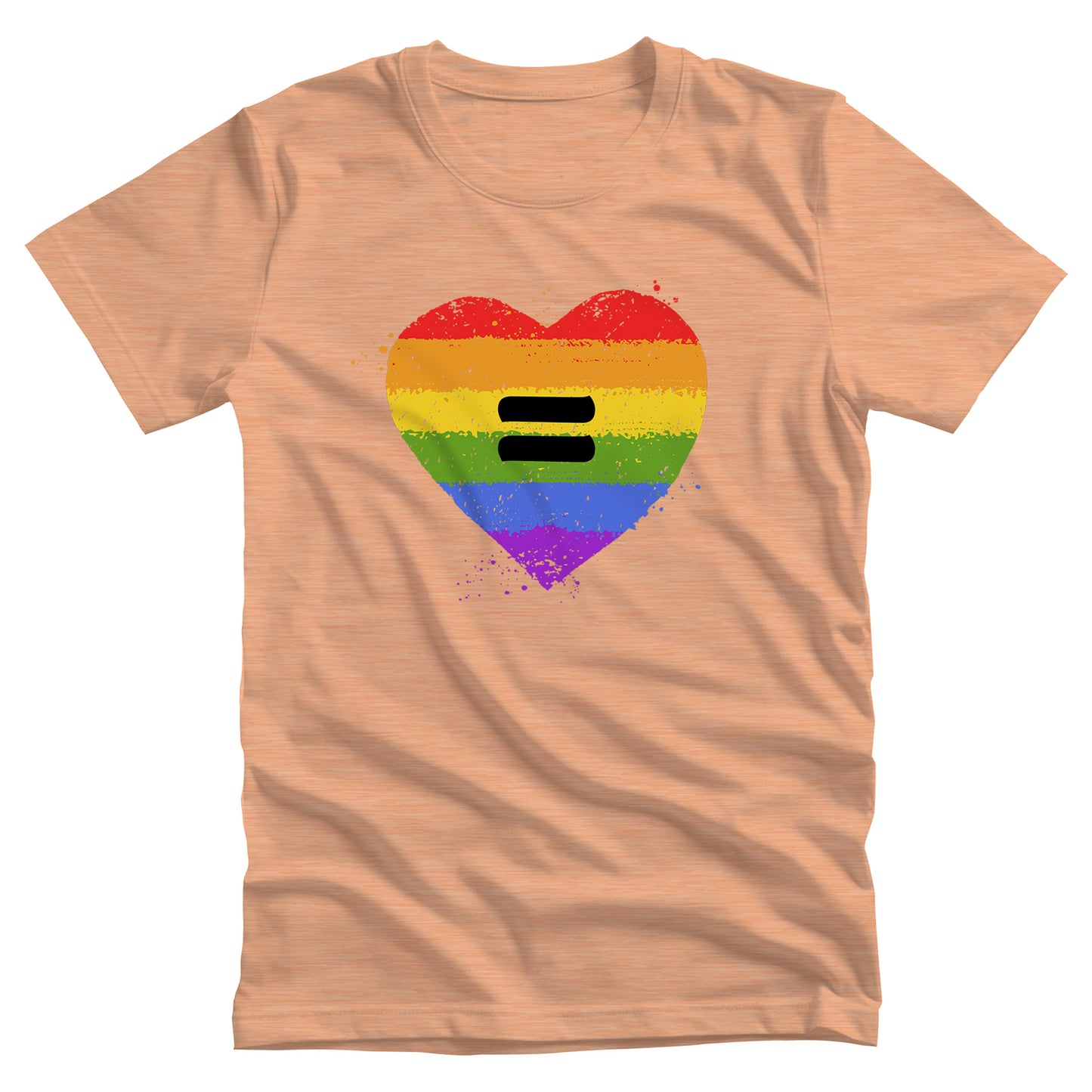 Heather Peach color unisex t-shirt with a graphic of a rainbow heart with a black equal sight in the middle. The heart has small rainbow-color pain splatters around it.