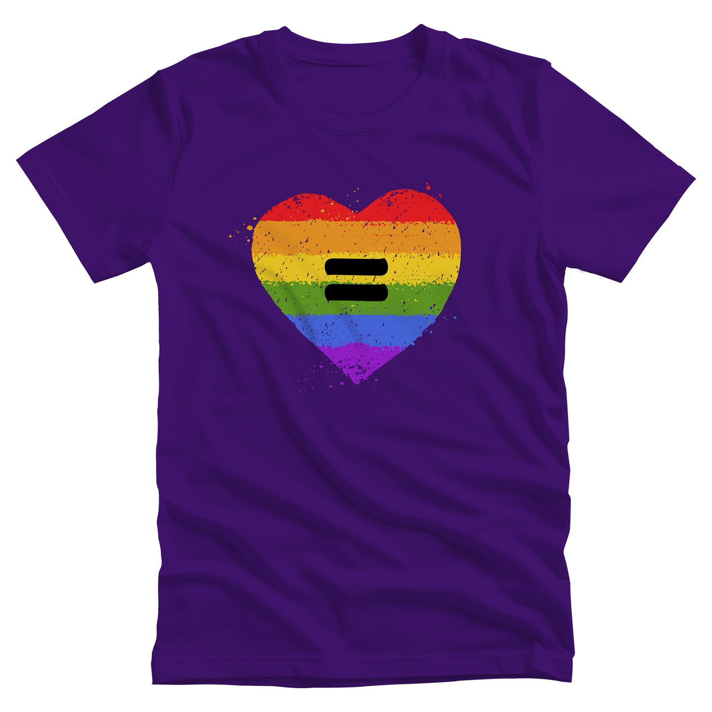 Team Purple color unisex t-shirt with a graphic of a rainbow heart with a black equal sight in the middle. The heart has small rainbow-color pain splatters around it.