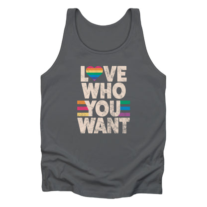 Asphalt color unisex tank top that says, “Love who you want” in all caps. Each word is on its own line. The “O” in “love” is a rainbow heart.