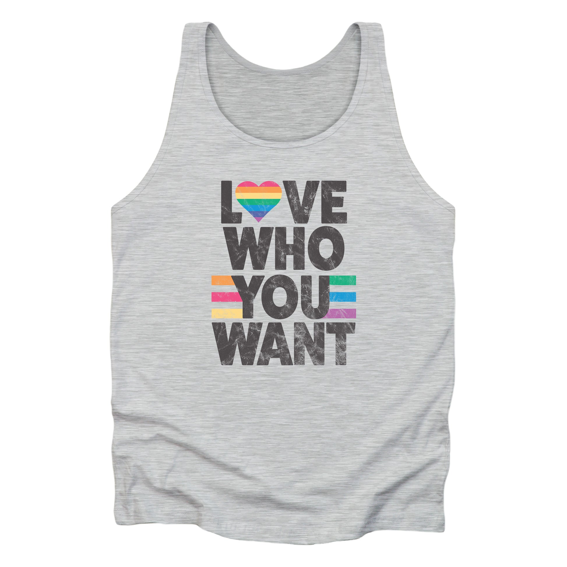 Athletic color unisex tank top that says, “Love who you want” in all caps. Each word is on its own line. The “O” in “love” is a rainbow heart.