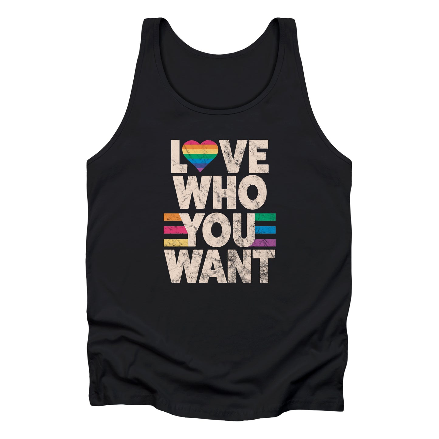 Black unisex tank top that says, “Love who you want” in all caps. Each word is on its own line. The “O” in “love” is a rainbow heart.