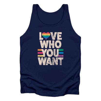 Navy Blue unisex tank top that says, “Love who you want” in all caps. Each word is on its own line. The “O” in “love” is a rainbow heart.