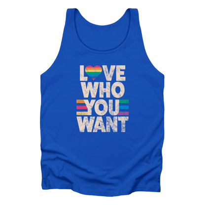True Royal color unisex tank top that says, “Love who you want” in all caps. Each word is on its own line. The “O” in “love” is a rainbow heart.