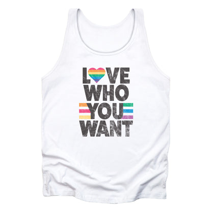 White unisex tank top that says, “Love who you want” in all caps. Each word is on its own line. The “O” in “love” is a rainbow heart.
