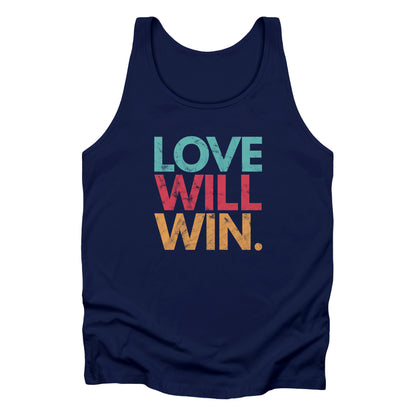 Navy Blue tank top with a graphic that says “Love will win.” in all caps. Each word is on its own line and is a different color. “Love” is greenish-blue, “Will” is red, and “Win.” is yellow. The graphic has a faded and slightly grungy/worn look.