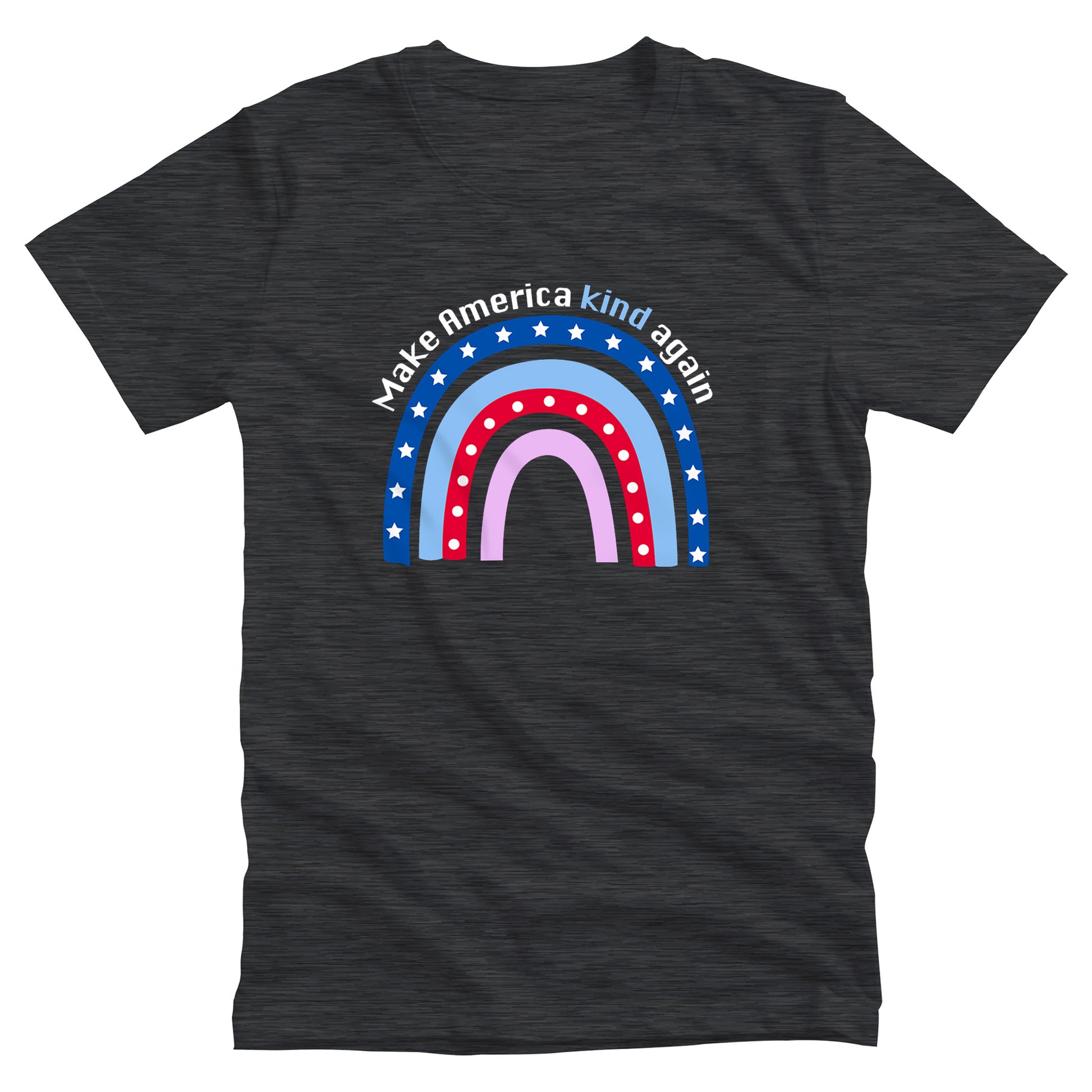 Dark Grey Heather color unisex t-shirt with a graphic of a red and blue rainbow with text arched over the top that says, “Make America Kind Again”.