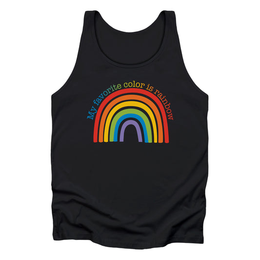 Black unisex tank top with a graphic of a rainbow. Arched over the rainbow reads “My favorite color is rainbow” in a rainbow-colored gradient. 