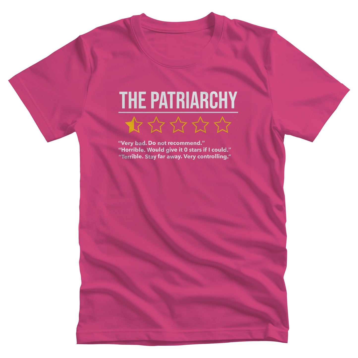 Berry color unisex t-shirt that says “The Patriarchy” with 5 yellow stars underneath it. One of the stars is filled halfway, and the other stars are just outlines. Beneath that reads “Very bad. Do not recommend.” “Horrible. Would give it 0 stars if I could.” “Terrible. Stay far away. Very controlling.”