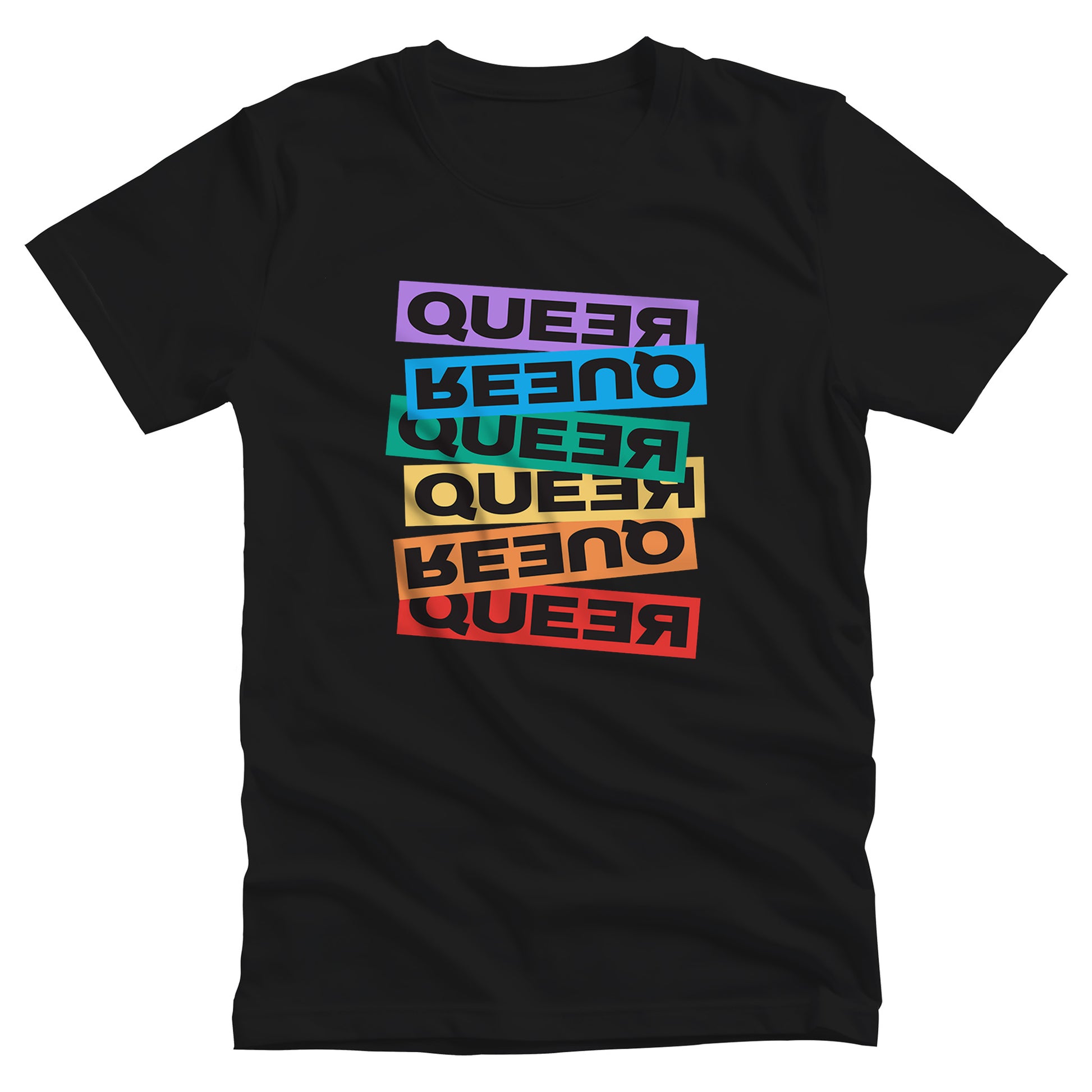 Black unisex t-shirt artistically expresses the word “Queer.” Each variation of the word is black text in a rectangular block and stacked vertically at a slightly different angle than the next row/block. Sometimes “Queer” is backward, sometimes upside down, and sometimes 1-2 letters are backward. The color blocks are purple, blue, green, yellow, and red.