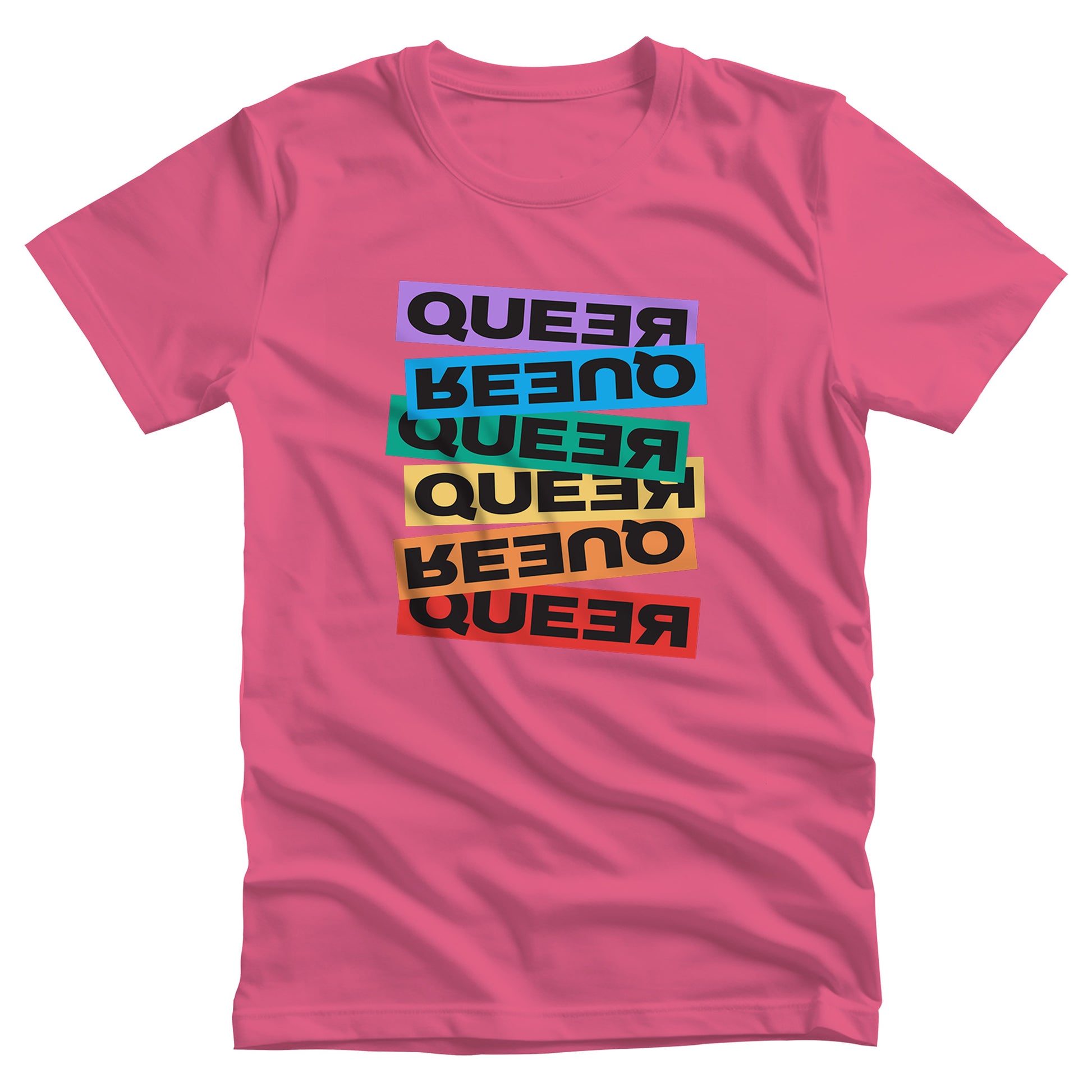 Charity Pink color unisex t-shirt artistically expresses the word “Queer.” Each variation of the word is black text in a rectangular block and stacked vertically at a slightly different angle than the next row/block. Sometimes “Queer” is backward, sometimes upside down, and sometimes 1-2 letters are backward. The color blocks are purple, blue, green, yellow, and red.