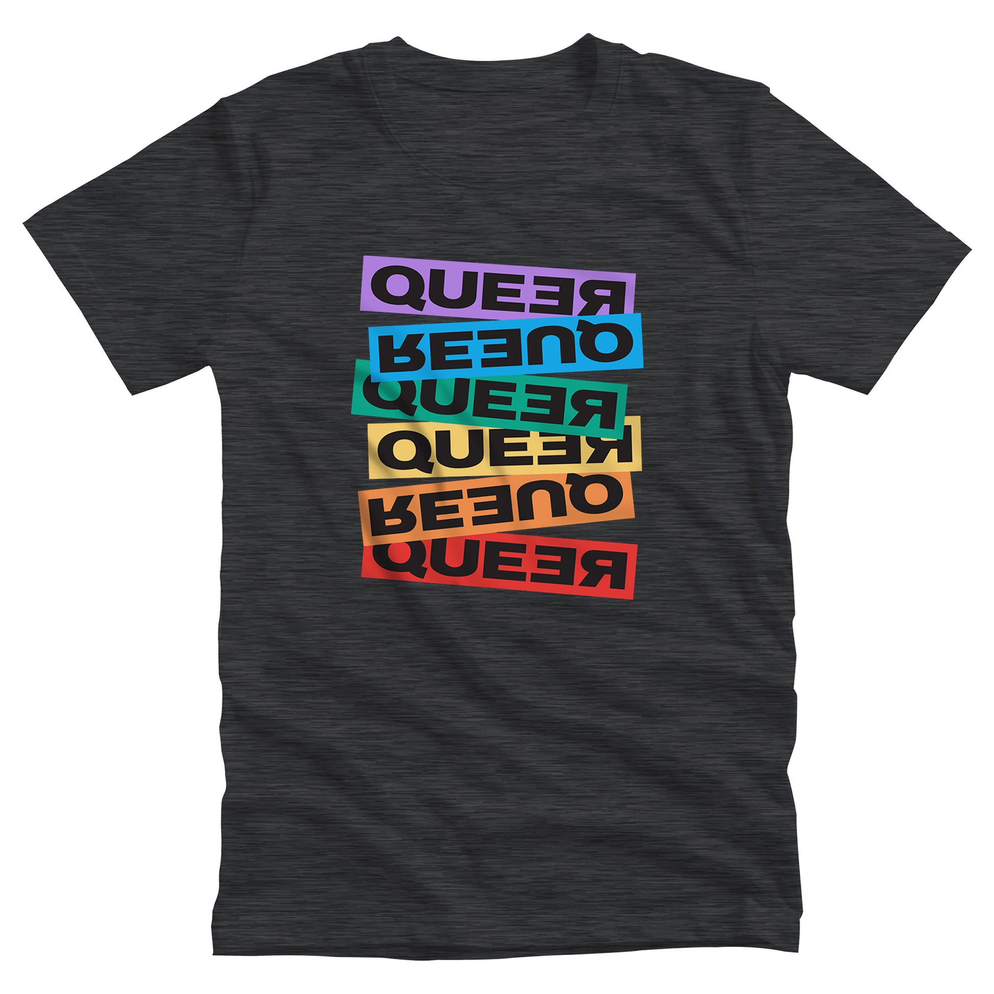 Dark Grey Heather color unisex t-shirt artistically expresses the word “Queer.” Each variation of the word is black text in a rectangular block and stacked vertically at a slightly different angle than the next row/block. Sometimes “Queer” is backward, sometimes upside down, and sometimes 1-2 letters are backward. The color blocks are purple, blue, green, yellow, and red.