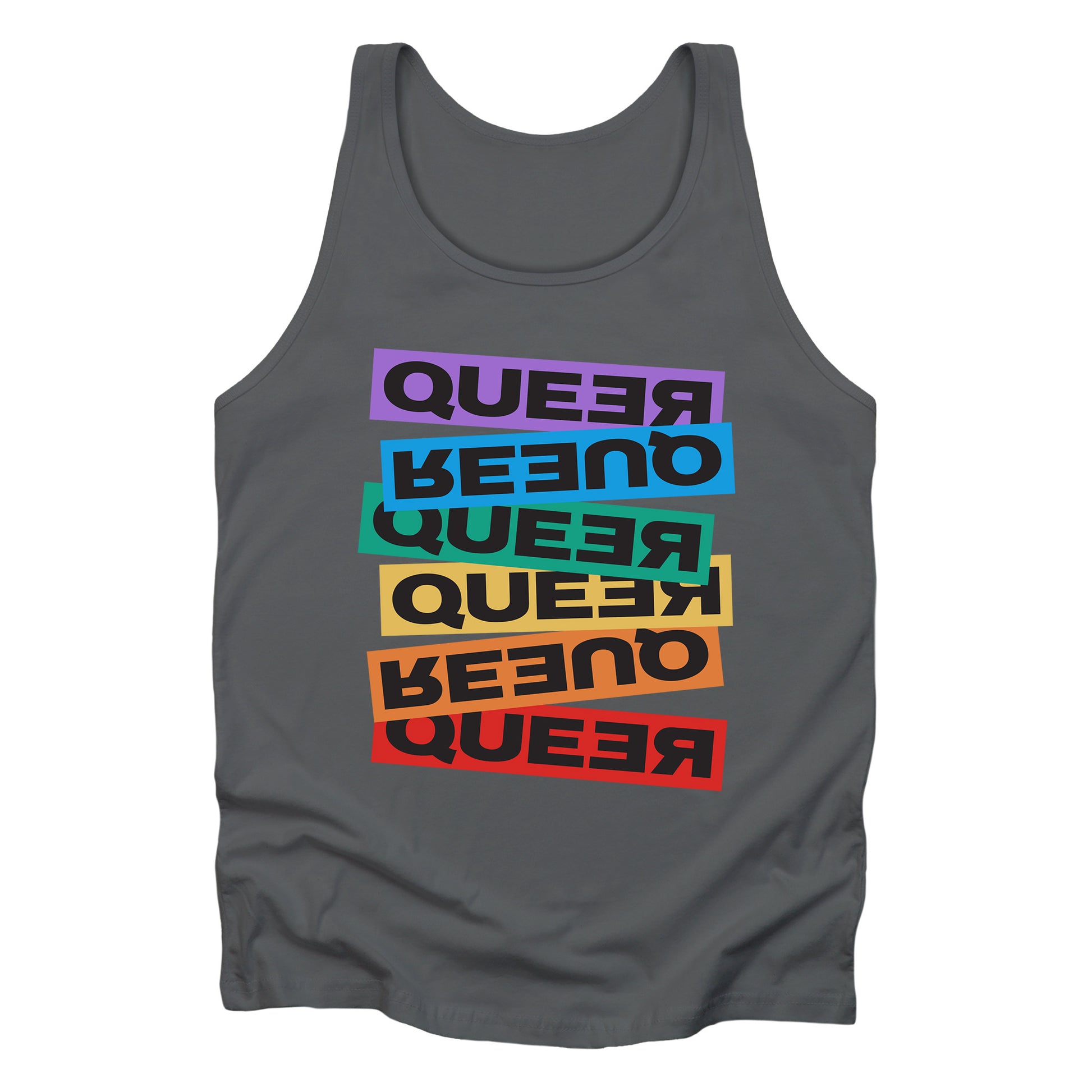 Asphalt color unisex tank top artistically expresses the word “Queer.” Each variation of the word is black text in a rectangular block and stacked vertically at a slightly different angle than the next row/block. Sometimes “Queer” is backward, sometimes upside down, and sometimes 1-2 letters are backward. The color blocks are purple, blue, green, yellow, and red.