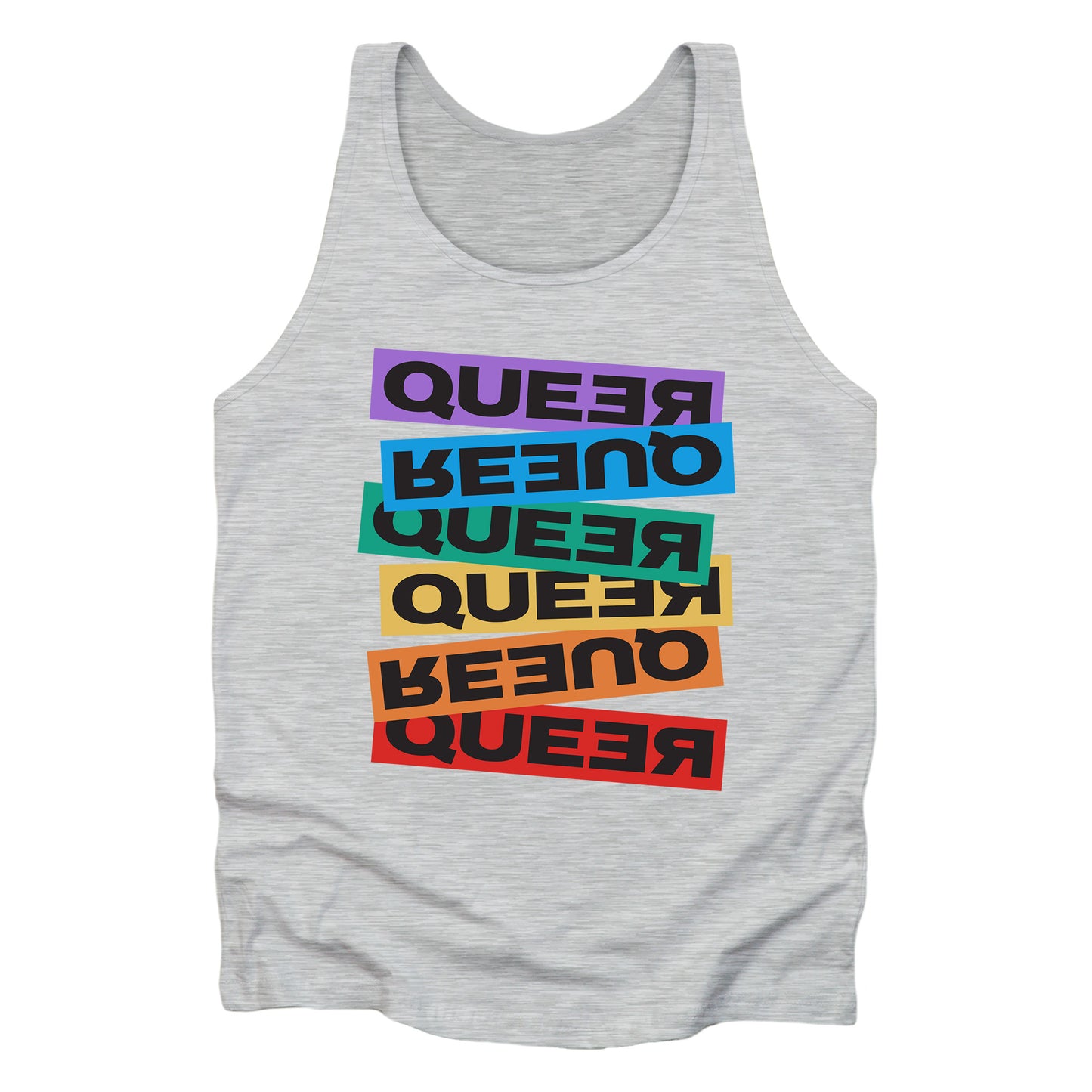 Athletic Heather color unisex tank top artistically expresses the word “Queer.” Each variation of the word is black text in a rectangular block and stacked vertically at a slightly different angle than the next row/block. Sometimes “Queer” is backward, sometimes upside down, and sometimes 1-2 letters are backward. The color blocks are purple, blue, green, yellow, and red.