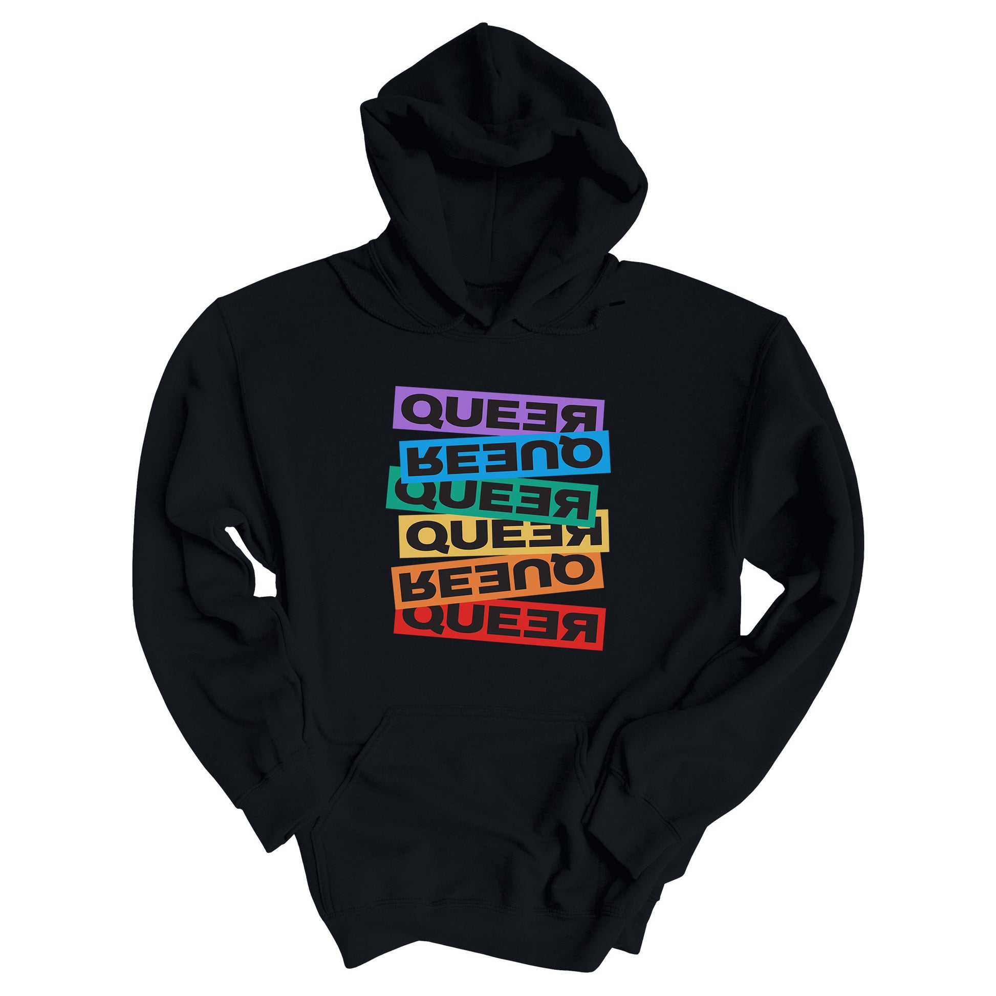 Black unisex hoodie artistically expresses the word “Queer.” Each variation of the word is black text in a rectangular block and stacked vertically at a slightly different angle than the next row/block. Sometimes “Queer” is backward, sometimes upside down, and sometimes 1-2 letters are backward. The color blocks are purple, blue, green, yellow, and red.