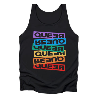 Black unisex tank top artistically expresses the word “Queer.” Each variation of the word is black text in a rectangular block and stacked vertically at a slightly different angle than the next row/block. Sometimes “Queer” is backward, sometimes upside down, and sometimes 1-2 letters are backward. The color blocks are purple, blue, green, yellow, and red.