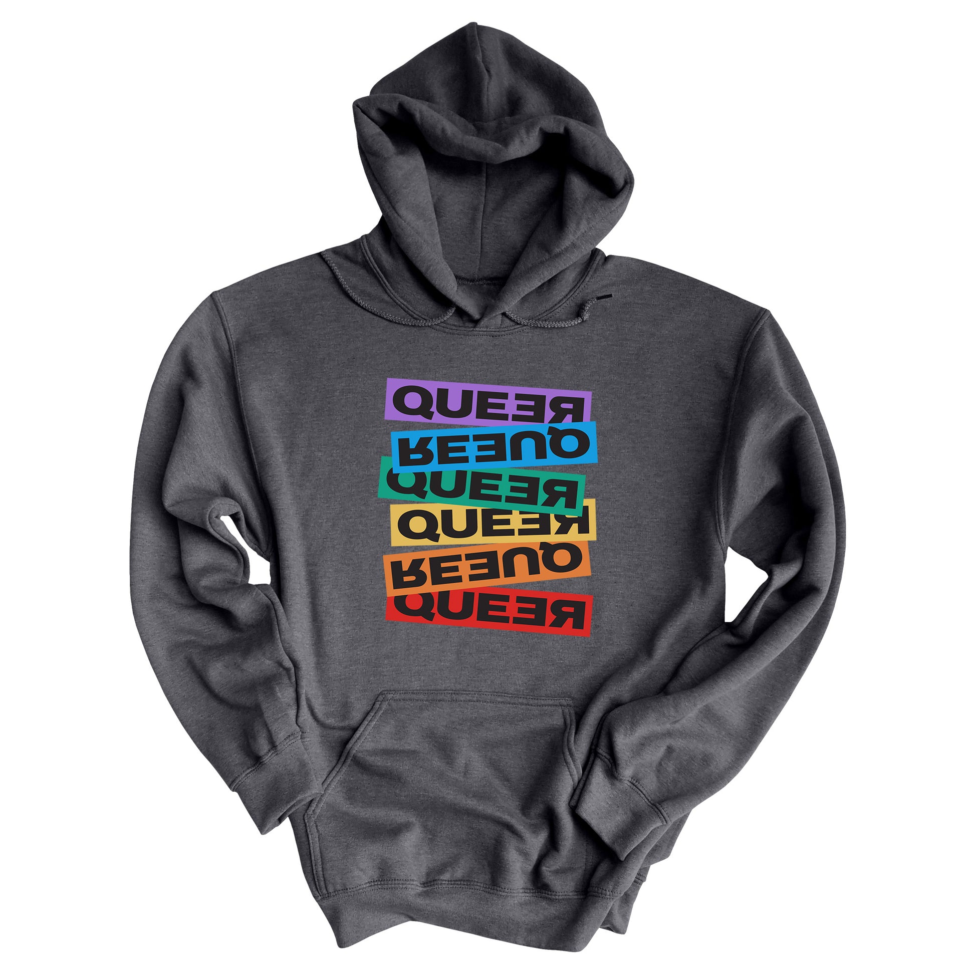 Dark Heather color unisex hoodie artistically expresses the word “Queer.” Each variation of the word is black text in a rectangular block and stacked vertically at a slightly different angle than the next row/block. Sometimes “Queer” is backward, sometimes upside down, and sometimes 1-2 letters are backward. The color blocks are purple, blue, green, yellow, and red.