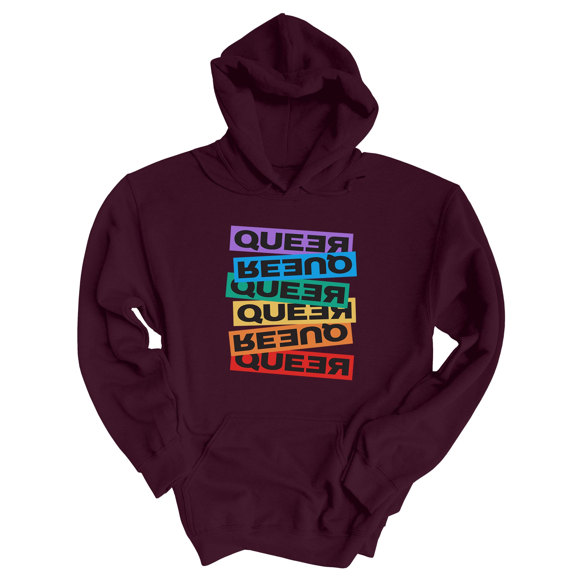 Maroon unisex hoodie artistically expresses the word “Queer.” Each variation of the word is black text in a rectangular block and stacked vertically at a slightly different angle than the next row/block. Sometimes “Queer” is backward, sometimes upside down, and sometimes 1-2 letters are backward. The color blocks are purple, blue, green, yellow, and red.