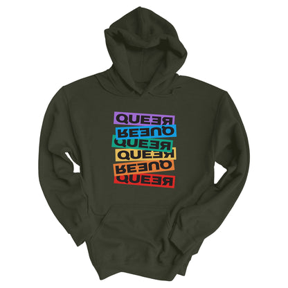 Military Green color unisex hoodie artistically expresses the word “Queer.” Each variation of the word is black text in a rectangular block and stacked vertically at a slightly different angle than the next row/block. Sometimes “Queer” is backward, sometimes upside down, and sometimes 1-2 letters are backward. The color blocks are purple, blue, green, yellow, and red.