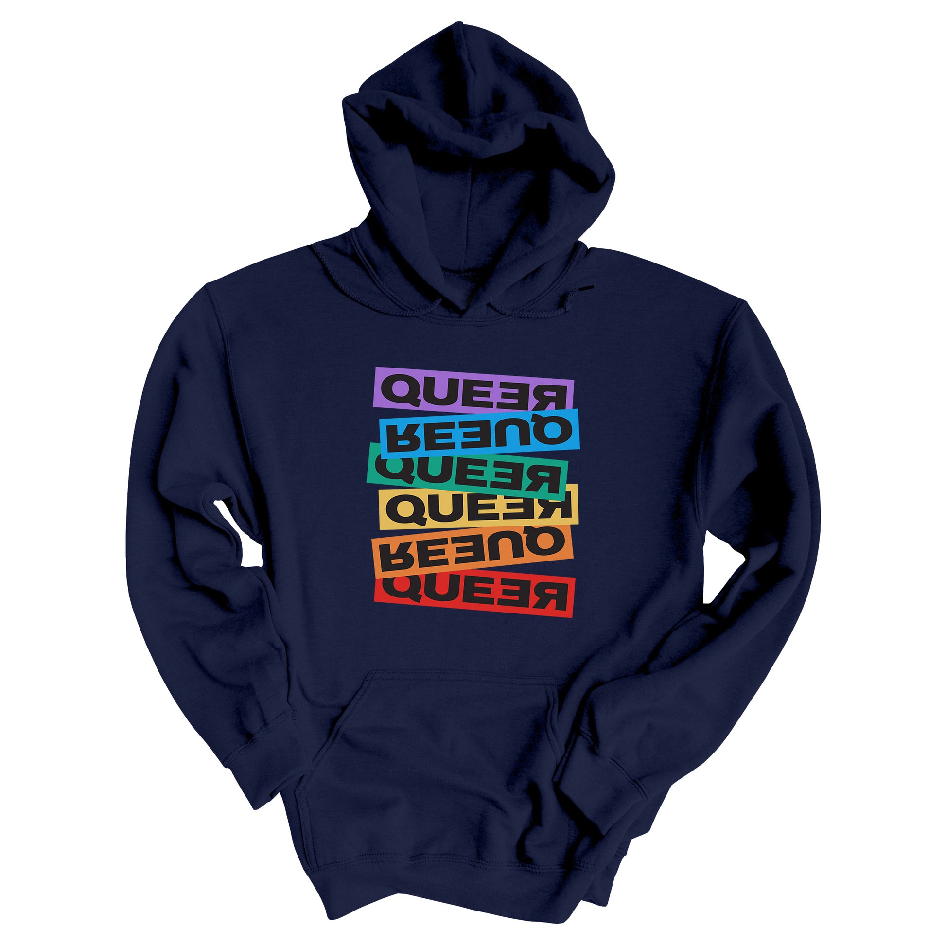 Navy Blue unisex hoodie artistically expresses the word “Queer.” Each variation of the word is black text in a rectangular block and stacked vertically at a slightly different angle than the next row/block. Sometimes “Queer” is backward, sometimes upside down, and sometimes 1-2 letters are backward. The color blocks are purple, blue, green, yellow, and red.