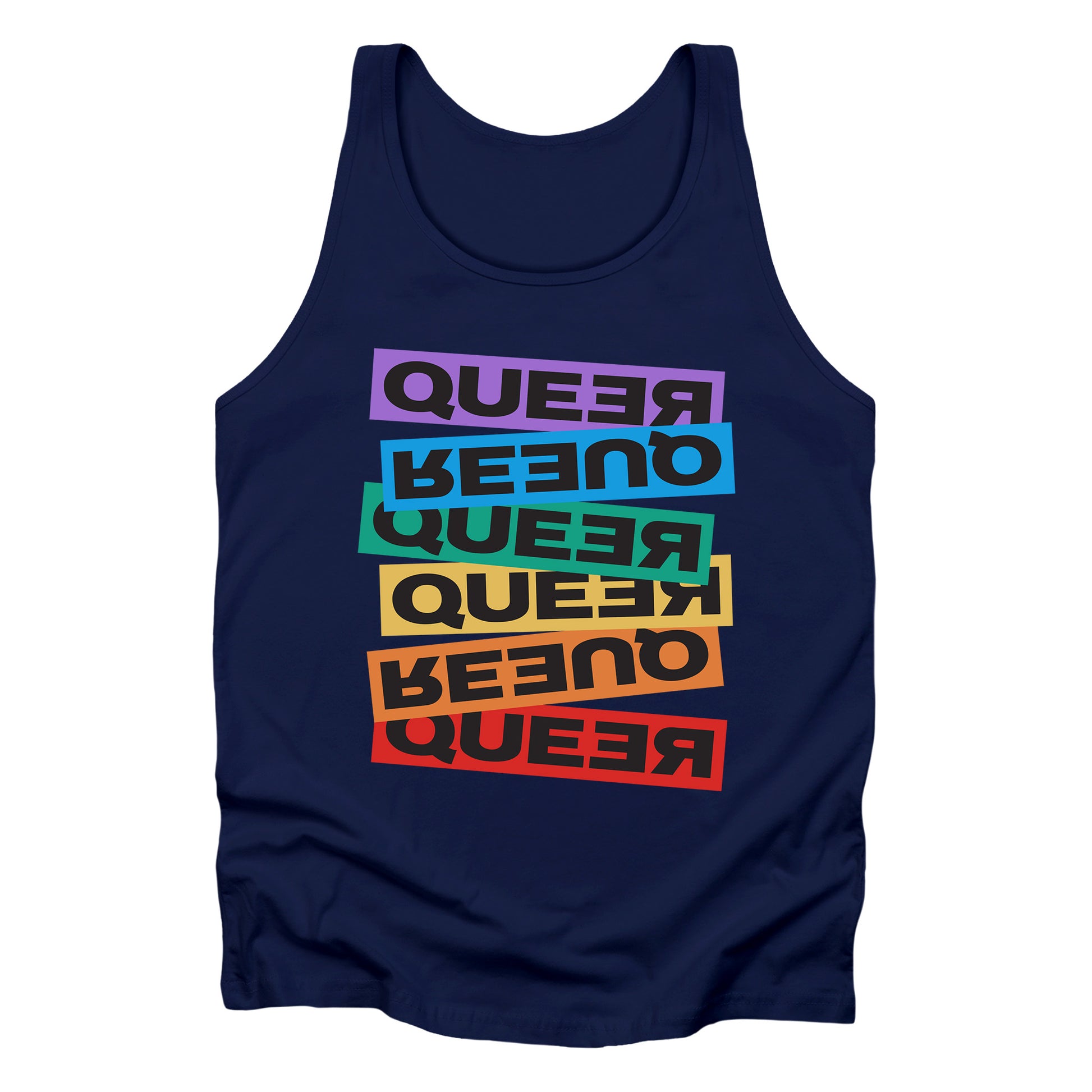 Navy Blue unisex tank top artistically expresses the word “Queer.” Each variation of the word is black text in a rectangular block and stacked vertically at a slightly different angle than the next row/block. Sometimes “Queer” is backward, sometimes upside down, and sometimes 1-2 letters are backward. The color blocks are purple, blue, green, yellow, and red.