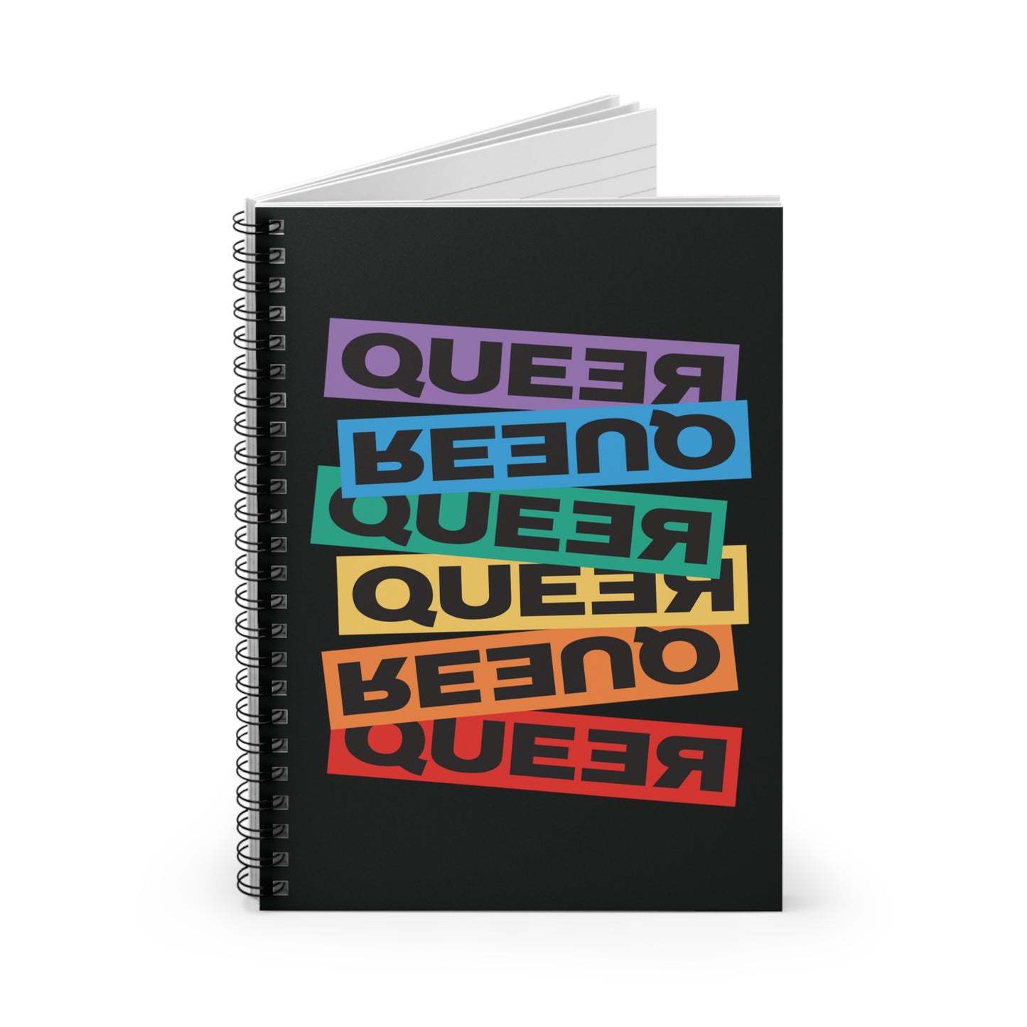 Spiral ruled-line notebook that artistically expresses the word “Queer.” Each variation of the word is black text in a rectangular block and stacked vertically at a slightly different angle than the next row/block. Sometimes “Queer” is backward, sometimes upside down, and sometimes 1-2 letters are backward. The color blocks are purple, blue, green, yellow, and red. The notebook is slightly open.