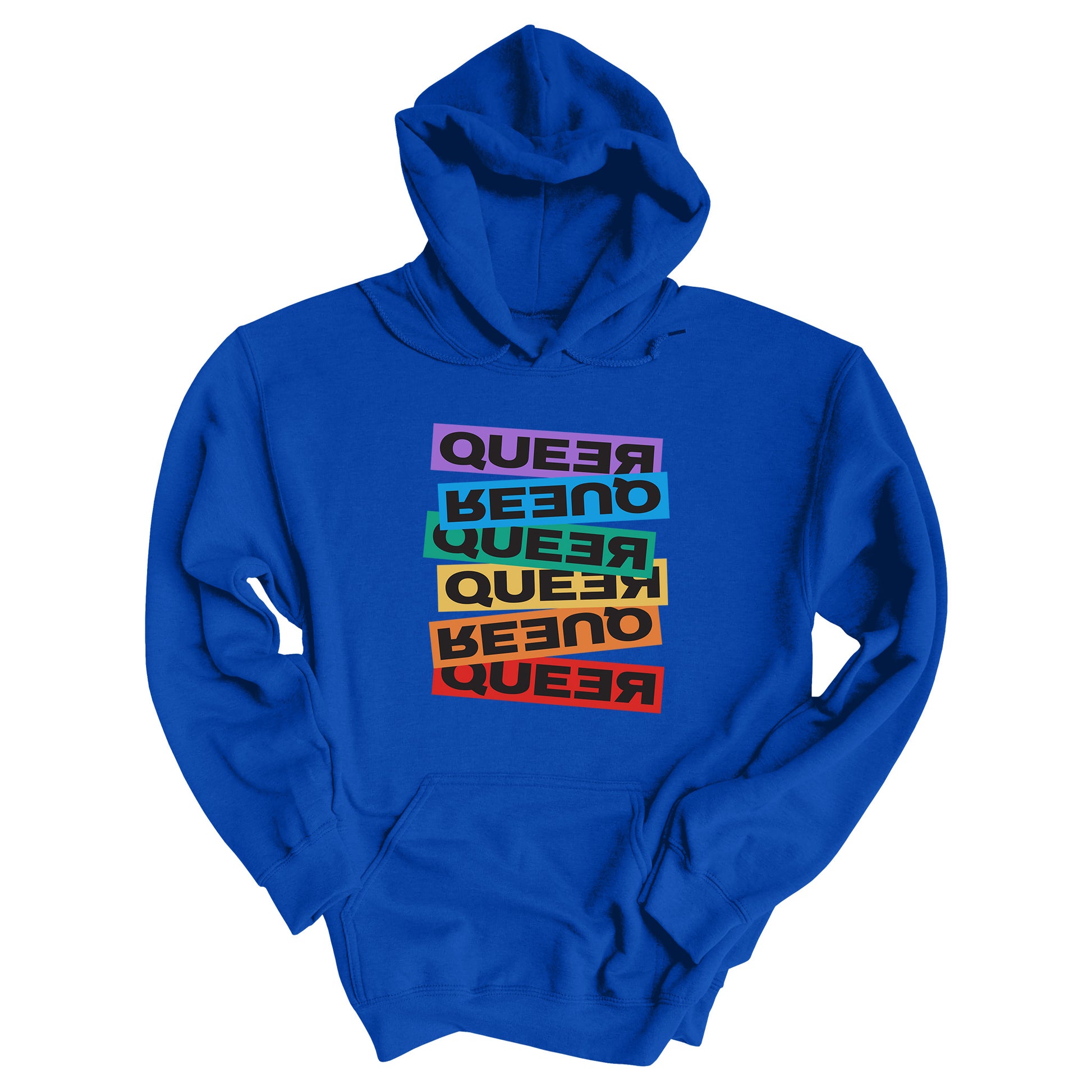 Royal color unisex hoodie artistically expresses the word “Queer.” Each variation of the word is black text in a rectangular block and stacked vertically at a slightly different angle than the next row/block. Sometimes “Queer” is backward, sometimes upside down, and sometimes 1-2 letters are backward. The color blocks are purple, blue, green, yellow, and red.