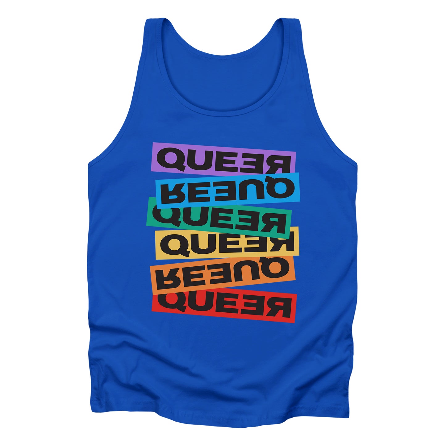 True Royal color unisex tank top artistically expresses the word “Queer.” Each variation of the word is black text in a rectangular block and stacked vertically at a slightly different angle than the next row/block. Sometimes “Queer” is backward, sometimes upside down, and sometimes 1-2 letters are backward. The color blocks are purple, blue, green, yellow, and red.