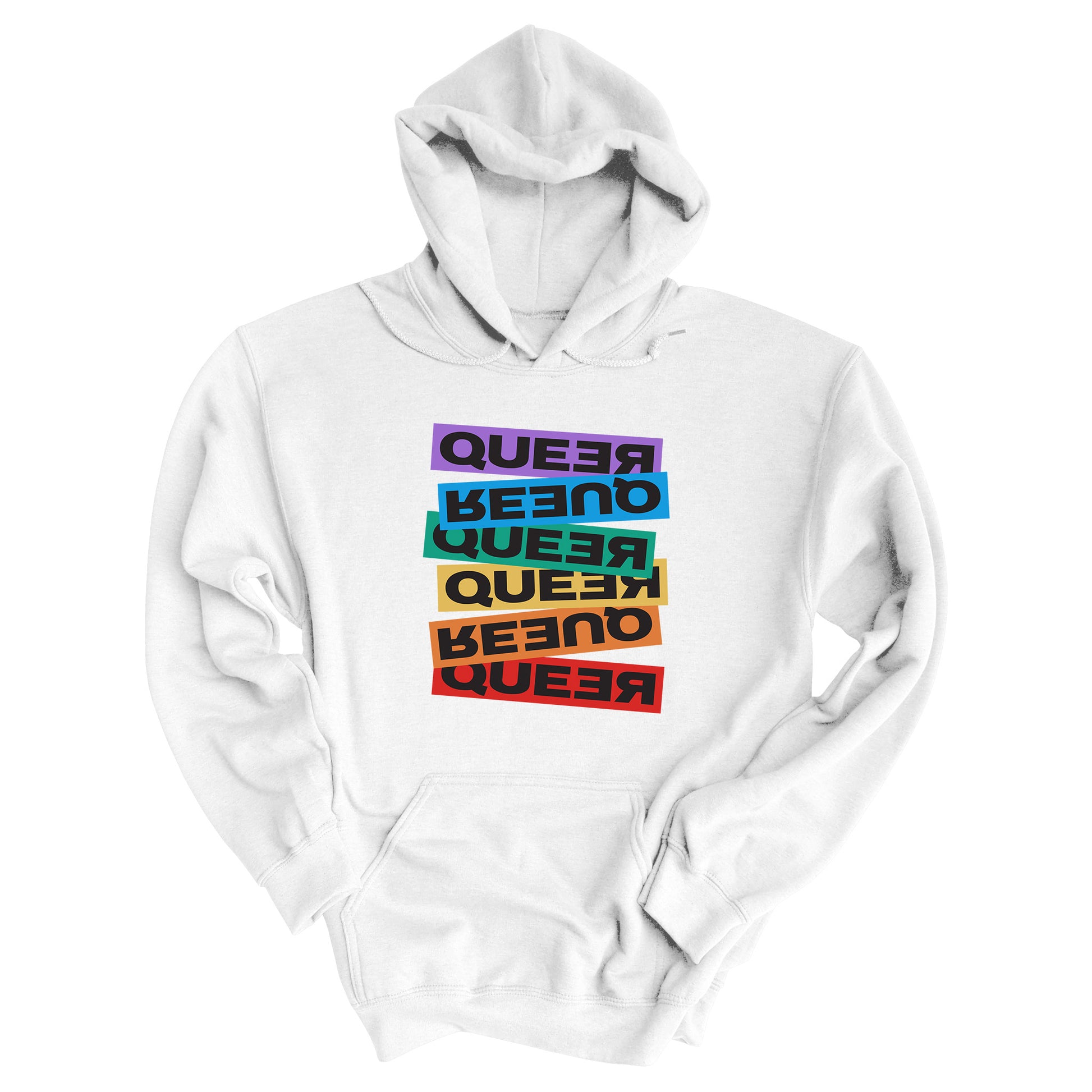 White unisex hoodie artistically expresses the word “Queer.” Each variation of the word is black text in a rectangular block and stacked vertically at a slightly different angle than the next row/block. Sometimes “Queer” is backward, sometimes upside down, and sometimes 1-2 letters are backward. The color blocks are purple, blue, green, yellow, and red.