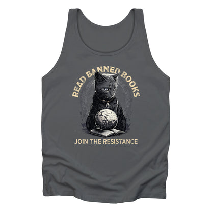 Asphalt color unisex tank top with a graphic of a cat sitting over a globe and an open book. The text says “Read banned books” arched over the top of the cat and “Join the resistance” in a line under the graphic. The text is in all caps.